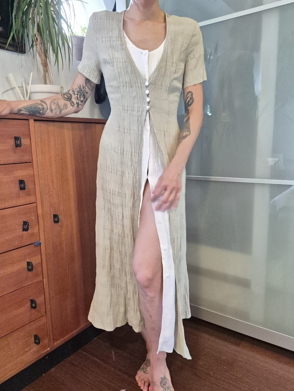 Light Beige Button-Front Maxi Dress